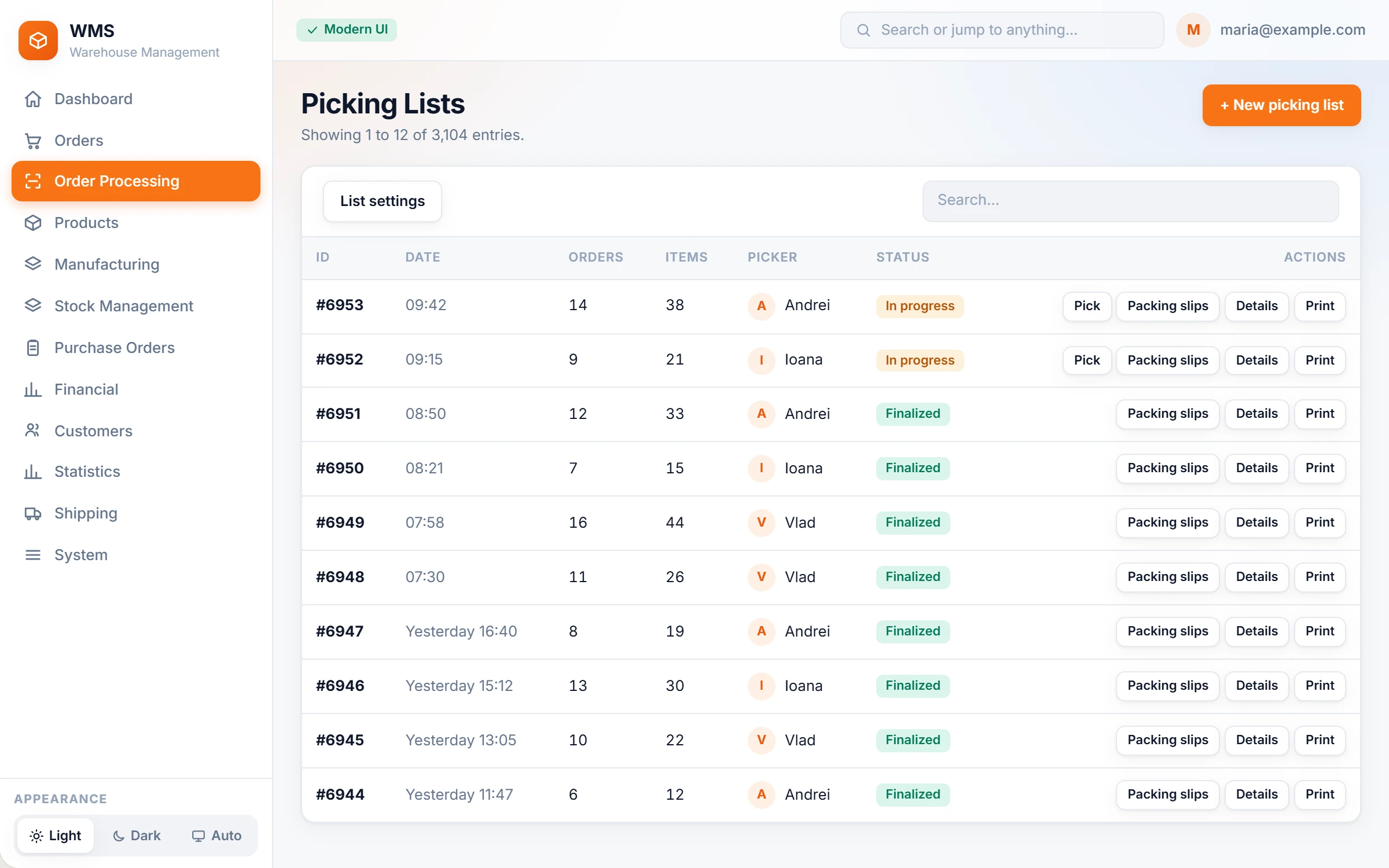 Picking lists: each row is one job for the floor, with its picker and actions