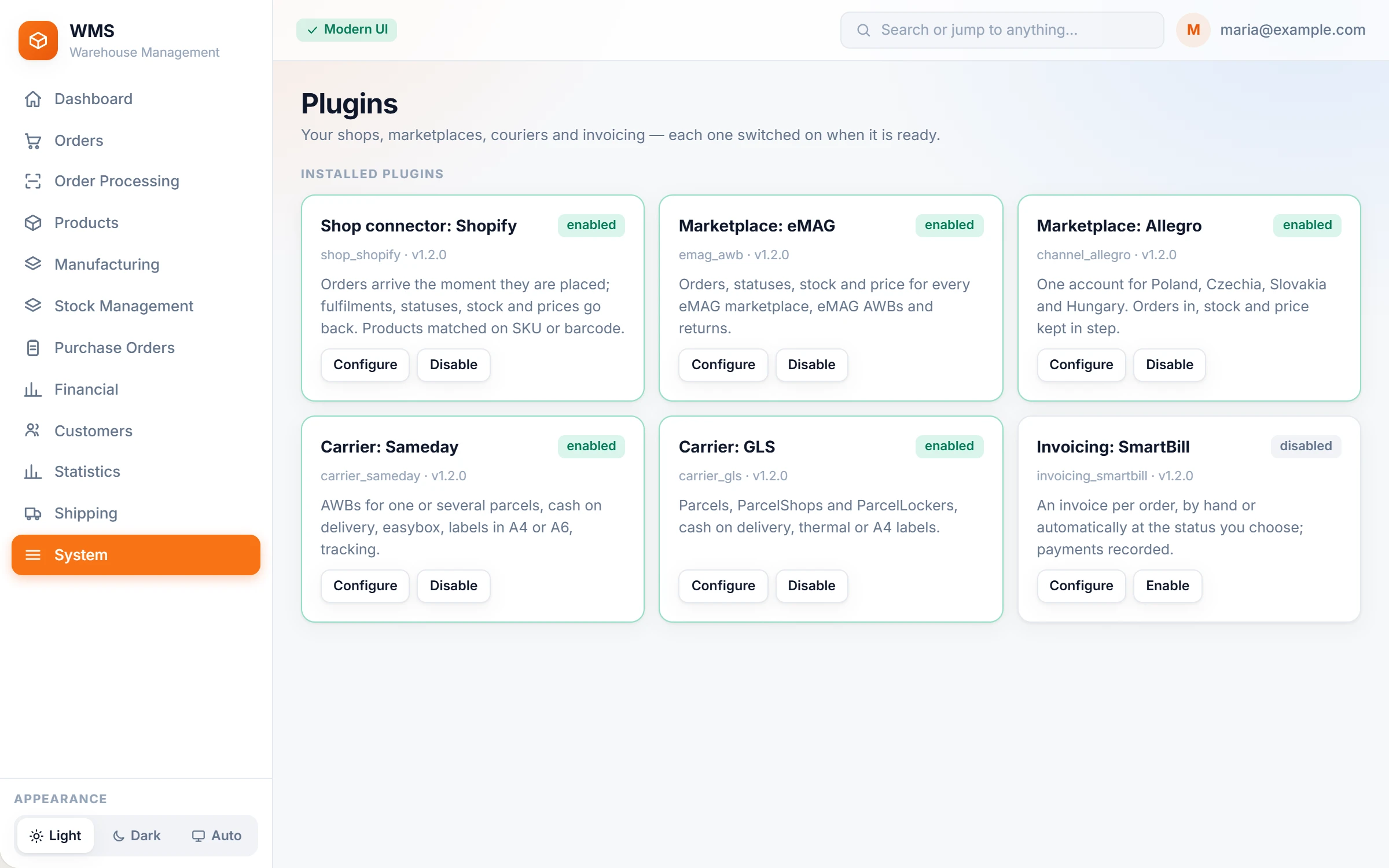 The Plugins screen: each installed connection with its status and settings