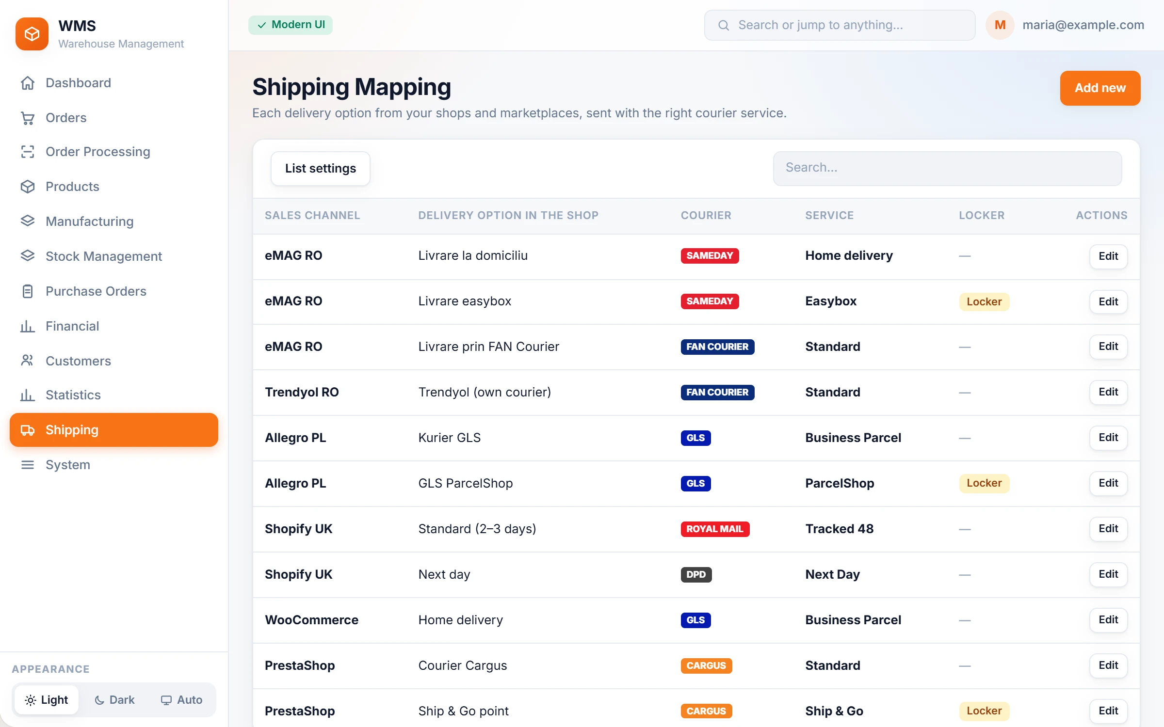 Shipping mapping: each shop delivery option translated into a courier service